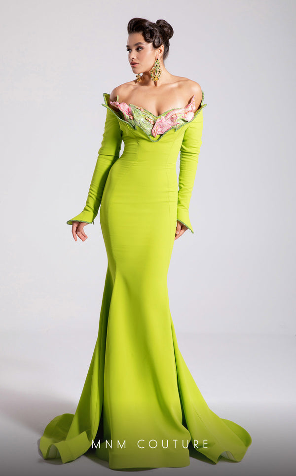 MNM Couture F02908 neon green long-sleeve mermaid gown with an off-shoulder ruffled floral neckline in pink and green. | Couture Shop LA