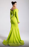 MNM Couture F02908 neon green long-sleeve mermaid gown with an off-shoulder ruffled floral neckline in pink and green. | Couture Shop LA