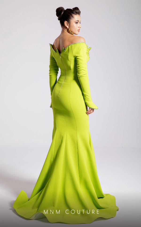 MNM Couture F02908 neon green long-sleeve mermaid gown with an off-shoulder ruffled floral neckline in pink and green. | Couture Shop LA