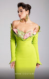 MNM Couture F02908 neon green long-sleeve mermaid gown with an off-shoulder ruffled floral neckline in pink and green. | Couture Shop LA