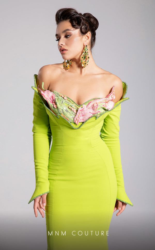 MNM Couture F02908 neon green long-sleeve mermaid gown with an off-shoulder ruffled floral neckline in pink and green. | Couture Shop LA
