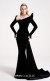 Couture Shop LA F02910B velvet long-sleeve column gown with open asymmetric neckline, angular left shoulder cap, high back collar, flared cuffs, and gathered back train | Couture Shop LA