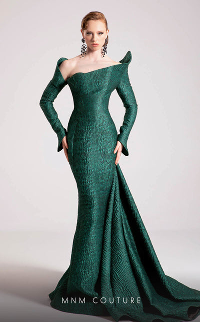 MNM Couture Style F02910 jacquard fitted dress featuring an asymmetrical off-shoulder neckline, long sleeves, a scoop back, and an undetachable back skirt with a dramatic train | Couture Shop LA