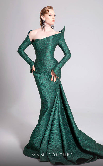 MNM Couture Style F02910 jacquard fitted dress featuring an asymmetrical off-shoulder neckline, long sleeves, a scoop back, and an undetachable back skirt with a dramatic train | Couture Shop LA