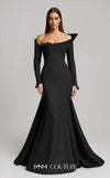 MNM Couture Style F02910 jacquard fitted dress featuring an asymmetrical off-shoulder neckline, long sleeves, a scoop back, and an undetachable back skirt with a dramatic train | Couture Shop LA