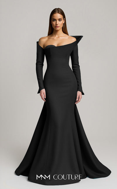 MNM Couture Style F02910 jacquard fitted dress featuring an asymmetrical off-shoulder neckline, long sleeves, a scoop back, and an undetachable back skirt with a dramatic train | Couture Shop LA