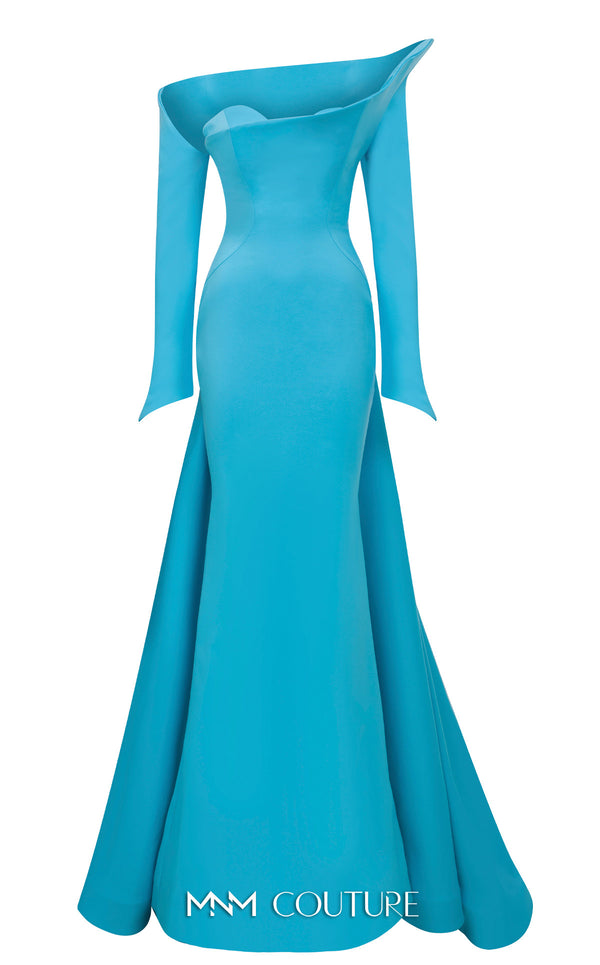 MNM Couture Style F02910 rayon crepe fitted dress featuring an asymmetrical off-shoulder neckline, long sleeves, a scoop back, and an undetachable back skirt with a dramatic train | Couture Shop LA