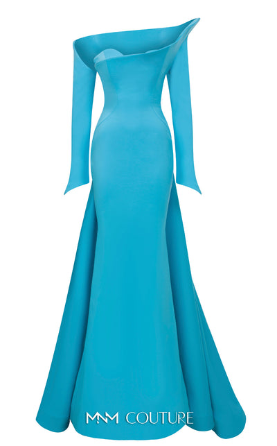 MNM Couture Style F02910 jacquard fitted dress featuring an asymmetrical off-shoulder neckline, long sleeves, a scoop back, and an undetachable back skirt with a dramatic train | Couture Shop LA