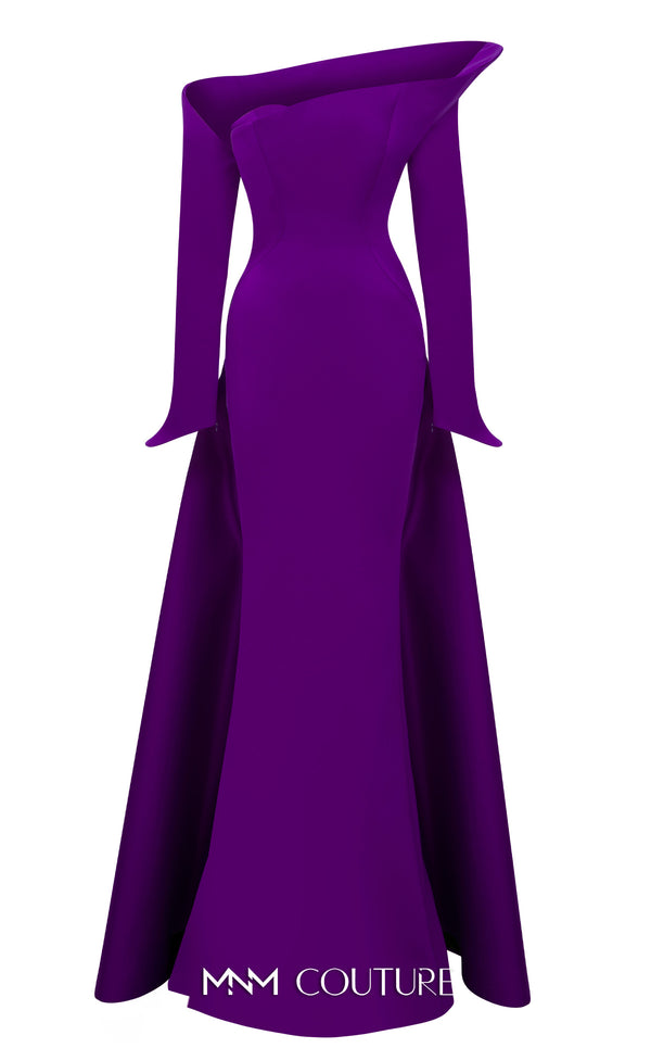 MNM Couture Style F02910 rayon crepe fitted dress featuring an asymmetrical off-shoulder neckline, long sleeves, a scoop back, and an undetachable back skirt with a dramatic train | Couture Shop LA