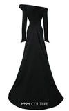 MNM Couture Style F02910 jacquard fitted dress featuring an asymmetrical off-shoulder neckline, long sleeves, a scoop back, and an undetachable back skirt with a dramatic train | Couture Shop LA