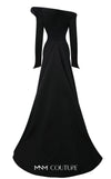 MNM Couture Style F02910 rayon crepe fitted dress featuring an asymmetrical off-shoulder neckline, long sleeves, a scoop back, and an undetachable back skirt with a dramatic train | Couture Shop LA