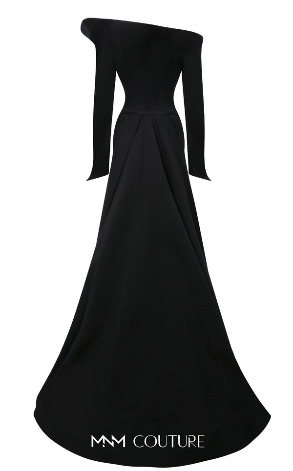MNM Couture Style F02910 rayon crepe fitted dress featuring an asymmetrical off-shoulder neckline, long sleeves, a scoop back, and an undetachable back skirt with a dramatic train | Couture Shop LA