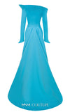 MNM Couture Style F02910 rayon crepe fitted dress featuring an asymmetrical off-shoulder neckline, long sleeves, a scoop back, and an undetachable back skirt with a dramatic train | Couture Shop LA