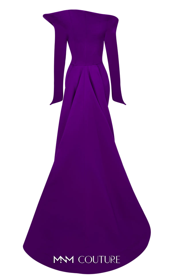 MNM Couture Style F02910 rayon crepe fitted dress featuring an asymmetrical off-shoulder neckline, long sleeves, a scoop back, and an undetachable back skirt with a dramatic train | Couture Shop LA