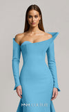 MNM Couture Style F02910 jacquard fitted dress featuring an asymmetrical off-shoulder neckline, long sleeves, a scoop back, and an undetachable back skirt with a dramatic train | Couture Shop LA
