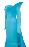 MNM Couture Style F02910 rayon crepe fitted dress featuring an asymmetrical off-shoulder neckline, long sleeves, a scoop back, and an undetachable back skirt with a dramatic train | Couture Shop LA