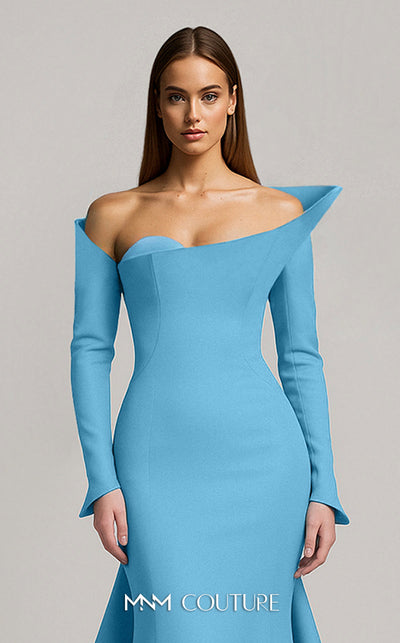 MNM Couture Style F02910 jacquard fitted dress featuring an asymmetrical off-shoulder neckline, long sleeves, a scoop back, and an undetachable back skirt with a dramatic train | Couture Shop LA