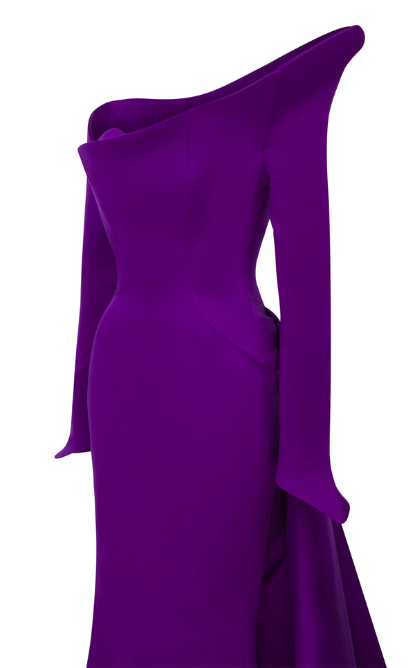MNM Couture Style F02910 rayon crepe fitted dress featuring an asymmetrical off-shoulder neckline, long sleeves, a scoop back, and an undetachable back skirt with a dramatic train | Couture Shop LA