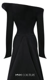 MNM Couture Style F02910 rayon crepe fitted dress featuring an asymmetrical off-shoulder neckline, long sleeves, a scoop back, and an undetachable back skirt with a dramatic train | Couture Shop LA