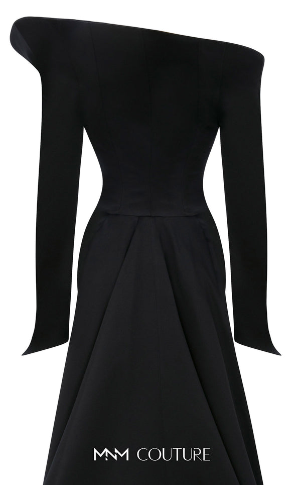 MNM Couture Style F02910 rayon crepe fitted dress featuring an asymmetrical off-shoulder neckline, long sleeves, a scoop back, and an undetachable back skirt with a dramatic train | Couture Shop LA