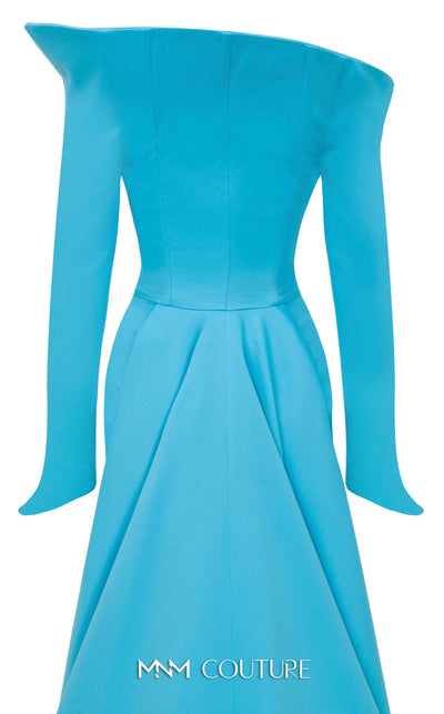 MNM Couture Style F02910 jacquard fitted dress featuring an asymmetrical off-shoulder neckline, long sleeves, a scoop back, and an undetachable back skirt with a dramatic train | Couture Shop LA