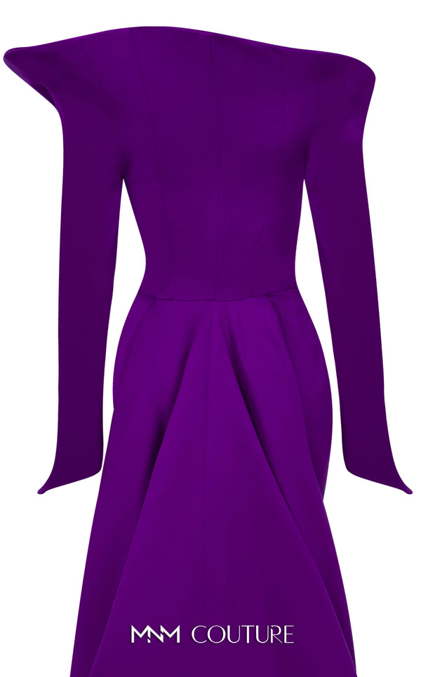 MNM Couture Style F02910 jacquard fitted dress featuring an asymmetrical off-shoulder neckline, long sleeves, a scoop back, and an undetachable back skirt with a dramatic train | Couture Shop LA