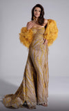 MNM Couture Style F02914 gold fitted evening dress with asymmetric neckline, sequin embroidery, one-side strap sleeve, and regal train | Couture Shop LA.