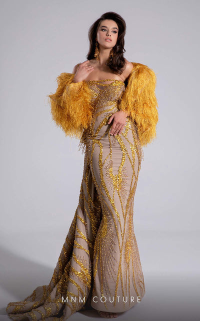 MNM Couture Style F02914 gold fitted evening dress with asymmetric neckline, sequin embroidery, one-side strap sleeve, and regal train | Couture Shop LA.