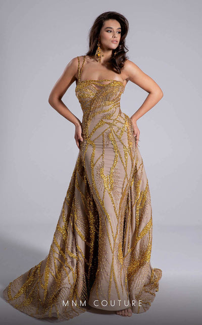 MNM Couture Style F02914 gold fitted evening dress with asymmetric neckline, sequin embroidery, one-side strap sleeve, and regal train | Couture Shop LA.