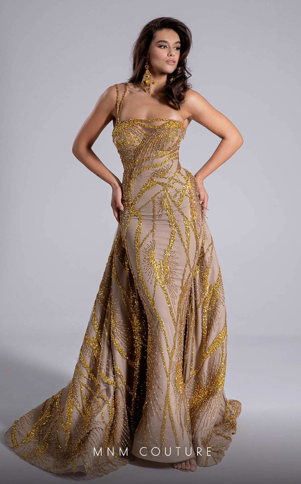 MNM Couture Style F02914 gold fitted evening dress with asymmetric neckline, sequin embroidery, one-side strap sleeve, and regal train | Couture Shop LA.