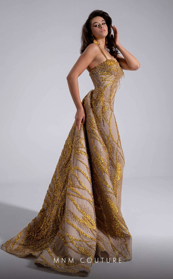 MNM Couture Style F02914 gold fitted evening dress with asymmetric neckline, sequin embroidery, one-side strap sleeve, and regal train | Couture Shop LA.
