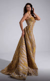 MNM Couture Style F02914 gold fitted evening dress with asymmetric neckline, sequin embroidery, one-side strap sleeve, and regal train | Couture Shop LA.