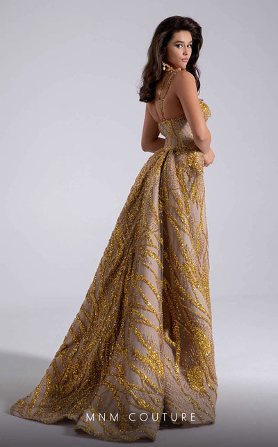 MNM Couture Style F02914 gold fitted evening dress with asymmetric neckline, sequin embroidery, one-side strap sleeve, and regal train | Couture Shop LA.