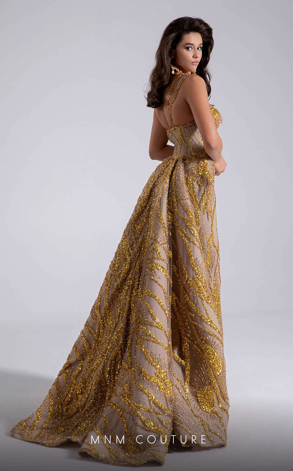 MNM Couture Style F02914 gold fitted evening dress with asymmetric neckline, sequin embroidery, one-side strap sleeve, and regal train | Couture Shop LA.