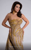 MNM Couture Style F02914 gold fitted evening dress with asymmetric neckline, sequin embroidery, one-side strap sleeve, and regal train | Couture Shop LA.