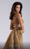MNM Couture Style F02914 gold fitted evening dress with asymmetric neckline, sequin embroidery, one-side strap sleeve, and regal train | Couture Shop LA.