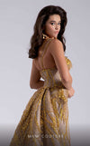 MNM Couture Style F02914 gold fitted evening dress with asymmetric neckline, sequin embroidery, one-side strap sleeve, and regal train | Couture Shop LA.