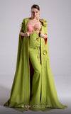 MNM Couture Style F02917 showing a fitted green column gown with a pink strapless bustier top, adorned with embroidered floral appliqués, and paired with a matching green cape. | Couture Shop LA