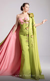 MNM Couture Style F02917 showing a fitted green column gown with a pink strapless bustier top, adorned with embroidered floral appliqués, and paired with a matching green cape. | Couture Shop LA