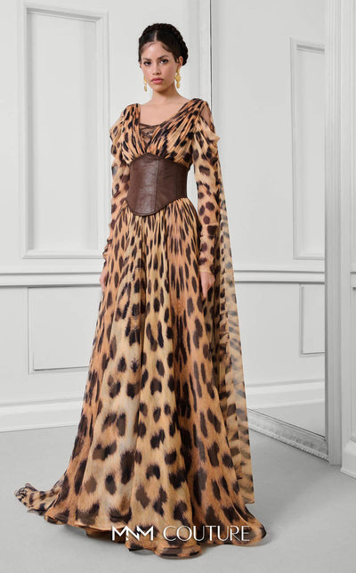 MNM Couture F02921 multi-hued organza gown with crisscross neckline straps, shoulder drapes, and cape with train | Couture Shop LA