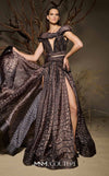 MNM Couture Style F02922 featuring a two-piece look organza gown in a brown textured crocodile print, with a deep V-neckline, cap sleeves, and a long pleated skirt. | Couture Shop LA