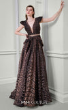 MNM Couture Style F02922 featuring a two-piece look organza gown in a brown textured crocodile print, with a deep V-neckline, cap sleeves, and a long pleated skirt. | Couture Shop LA