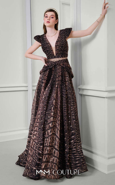 MNM Couture Style F02922 featuring a two-piece look organza gown in a brown textured crocodile print, with a deep V-neckline, cap sleeves, and a long pleated skirt. | Couture Shop LA
