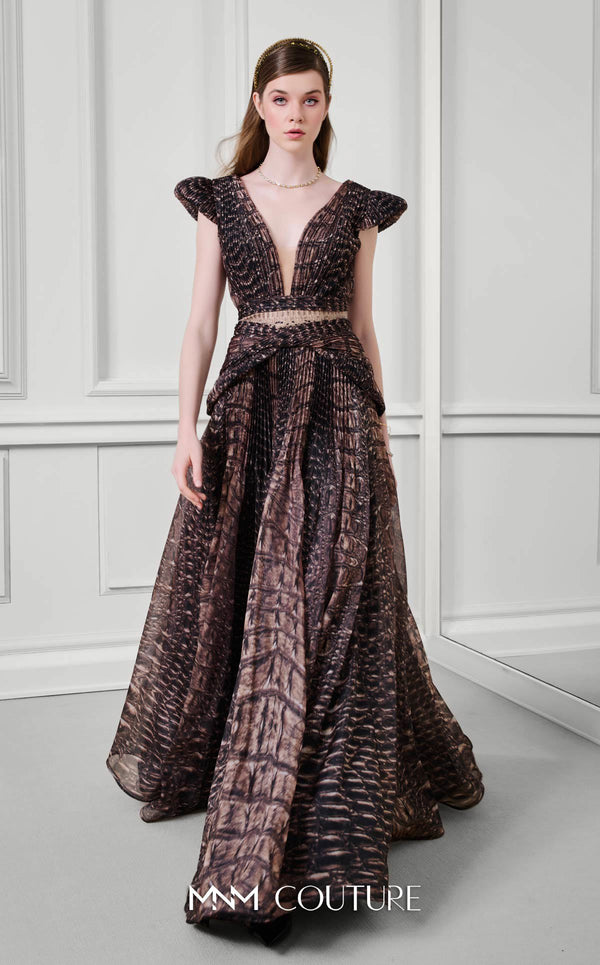 MNM Couture Style F02922 featuring a two-piece look organza gown in a brown textured crocodile print, with a deep V-neckline, cap sleeves, and a long pleated skirt. | Couture Shop LA