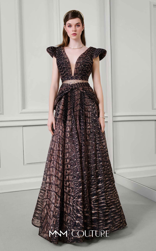 MNM Couture Style F02922 featuring a two-piece look organza gown in a brown textured crocodile print, with a deep V-neckline, cap sleeves, and a long pleated skirt. | Couture Shop LA