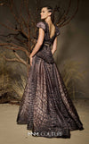 MNM Couture Style F02922 featuring a two-piece look organza gown in a brown textured crocodile print, with a deep V-neckline, cap sleeves, and a long pleated skirt. | Couture Shop LA