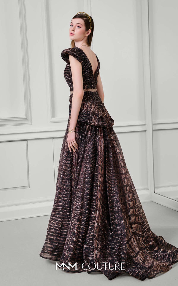 MNM Couture Style F02922 featuring a two-piece look organza gown in a brown textured crocodile print, with a deep V-neckline, cap sleeves, and a long pleated skirt. | Couture Shop LA
