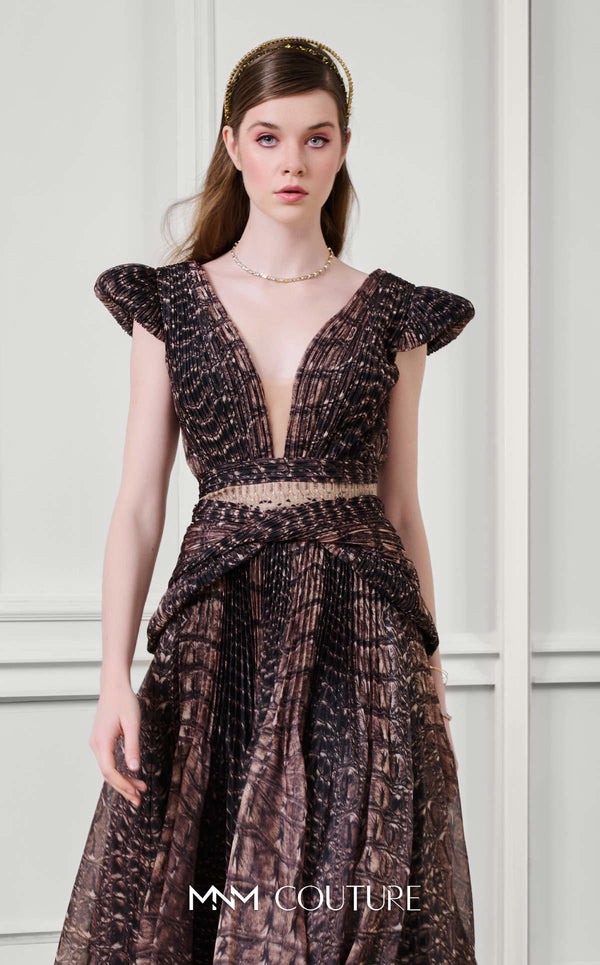 MNM Couture Style F02922 featuring a two-piece look organza gown in a brown textured crocodile print, with a deep V-neckline, cap sleeves, and a long pleated skirt. | Couture Shop LA