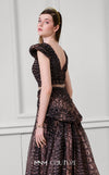 MNM Couture Style F02922 featuring a two-piece look organza gown in a brown textured crocodile print, with a deep V-neckline, cap sleeves, and a long pleated skirt. | Couture Shop LA