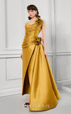 MNM Couture F02923A satin column wrap gown with strapless sweetheart neckline, pleated bodice draping, side bustle train, and sculptural rosettes | Couture Shop LA.